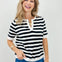 Split Neck Striped Short Sleeve Sweater Top