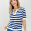 Split Neck Striped Short Sleeve Sweater Top