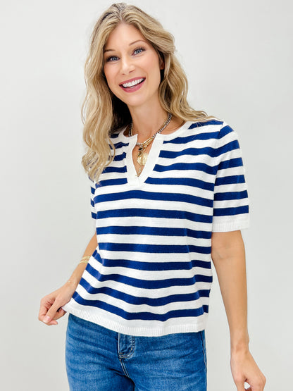 Split Neck Striped Short Sleeve Sweater Top