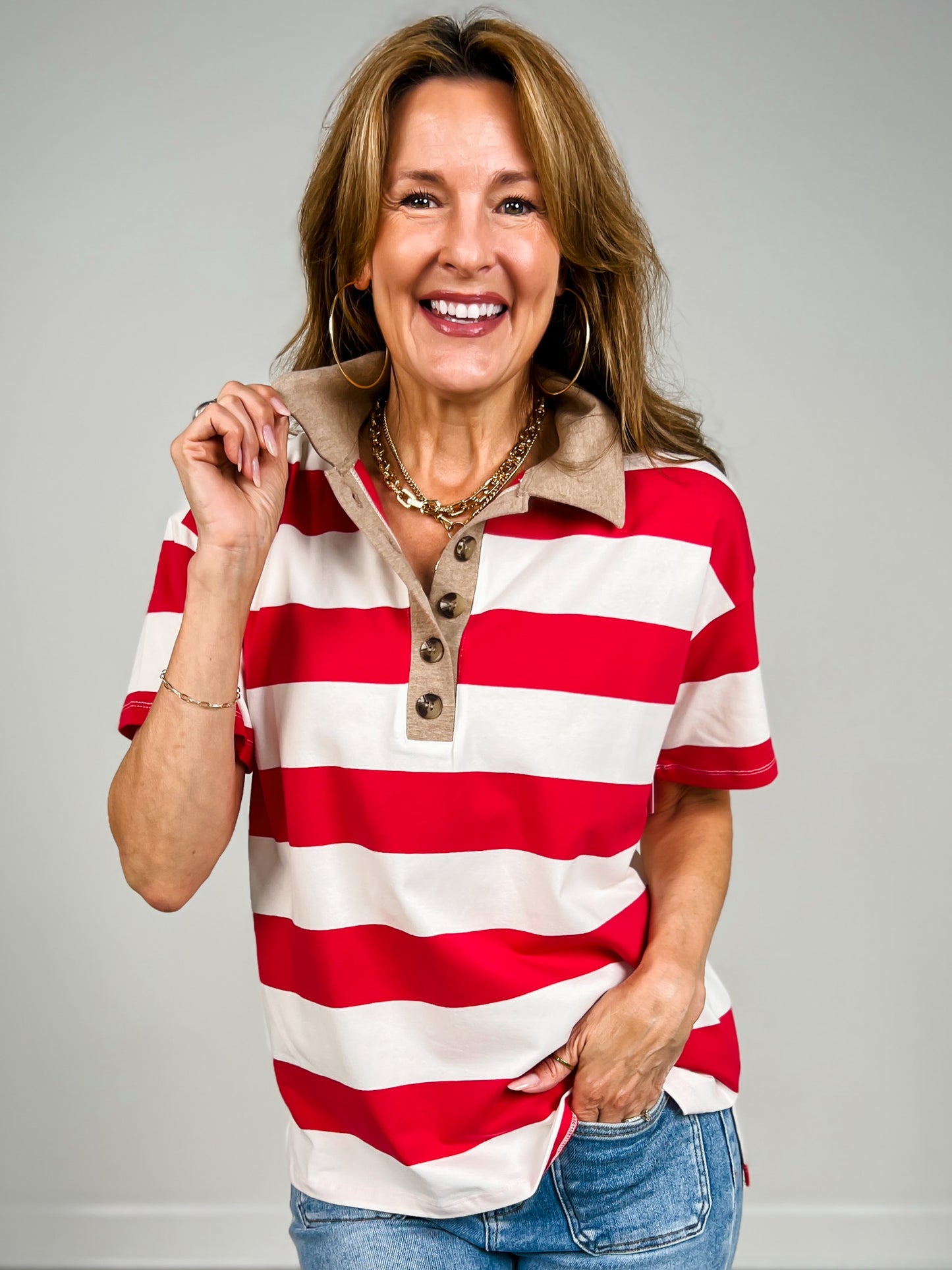 Short Sleeve Striped Collared Polo Top