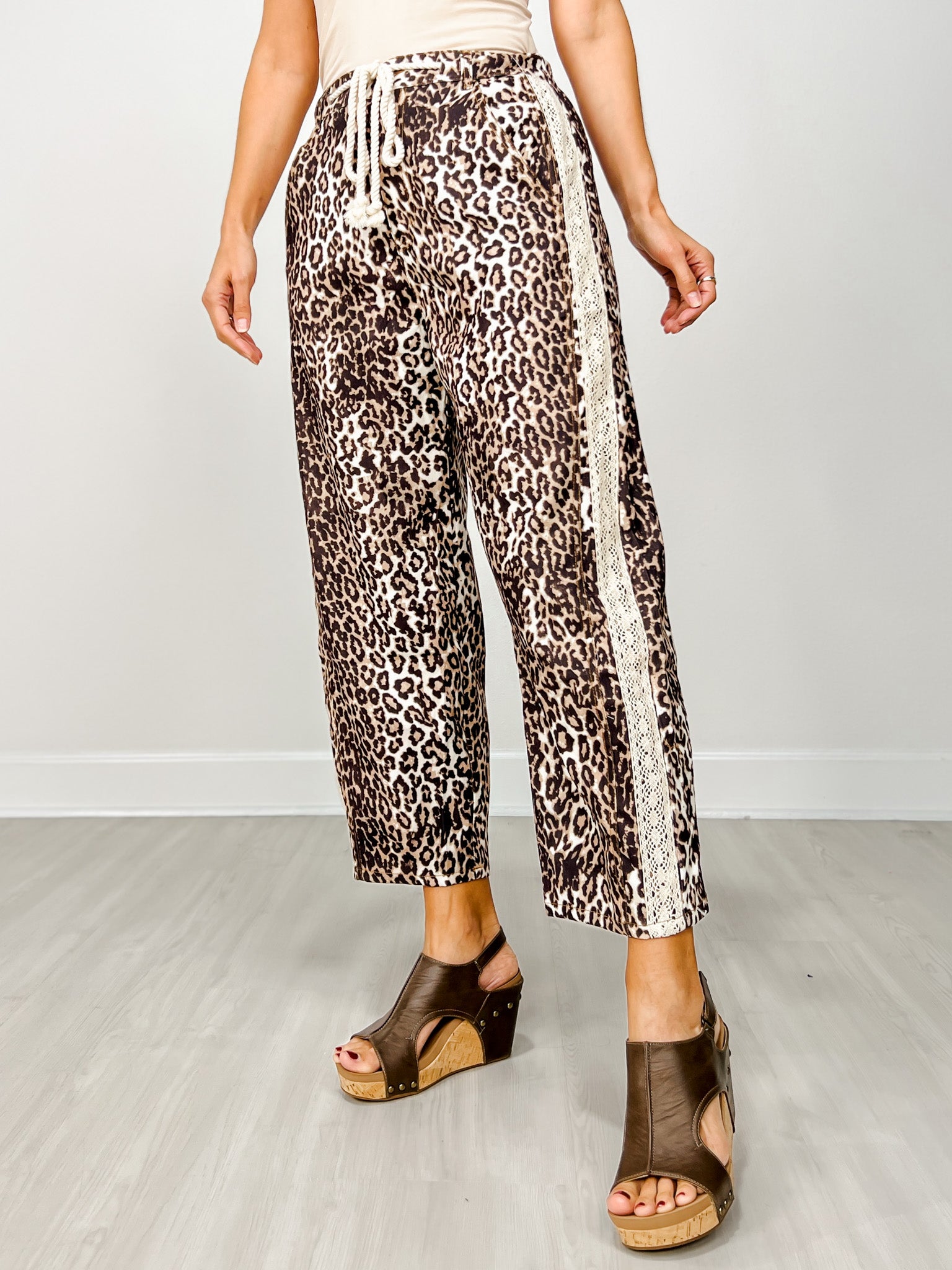 Leopard Print Cropped Pants with Drawstring Waist