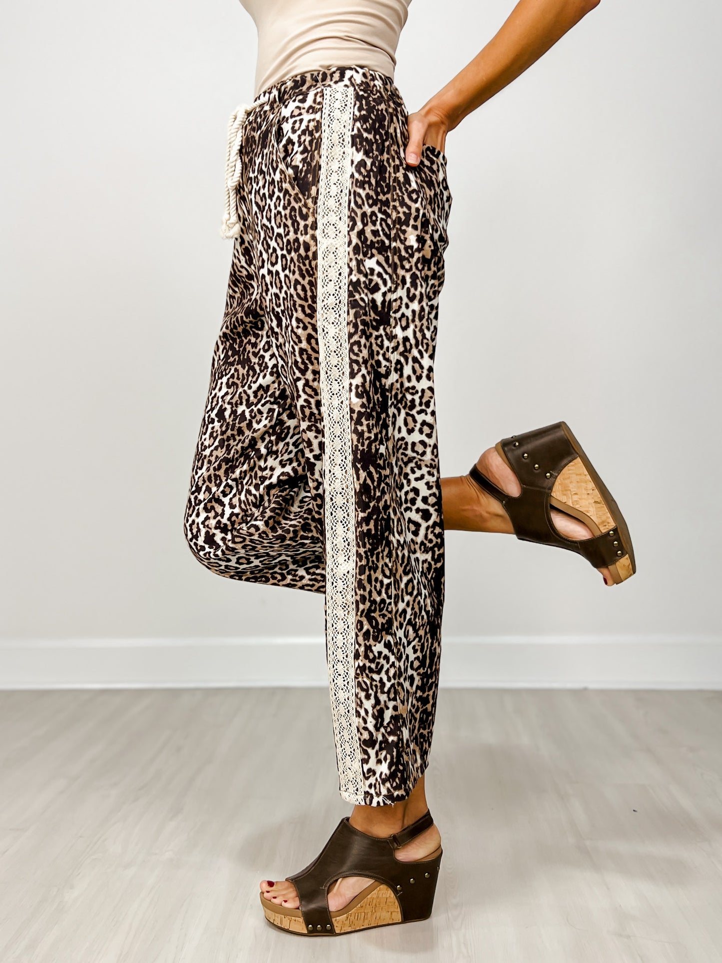 Leopard Print Cropped Pants with Drawstring Waist