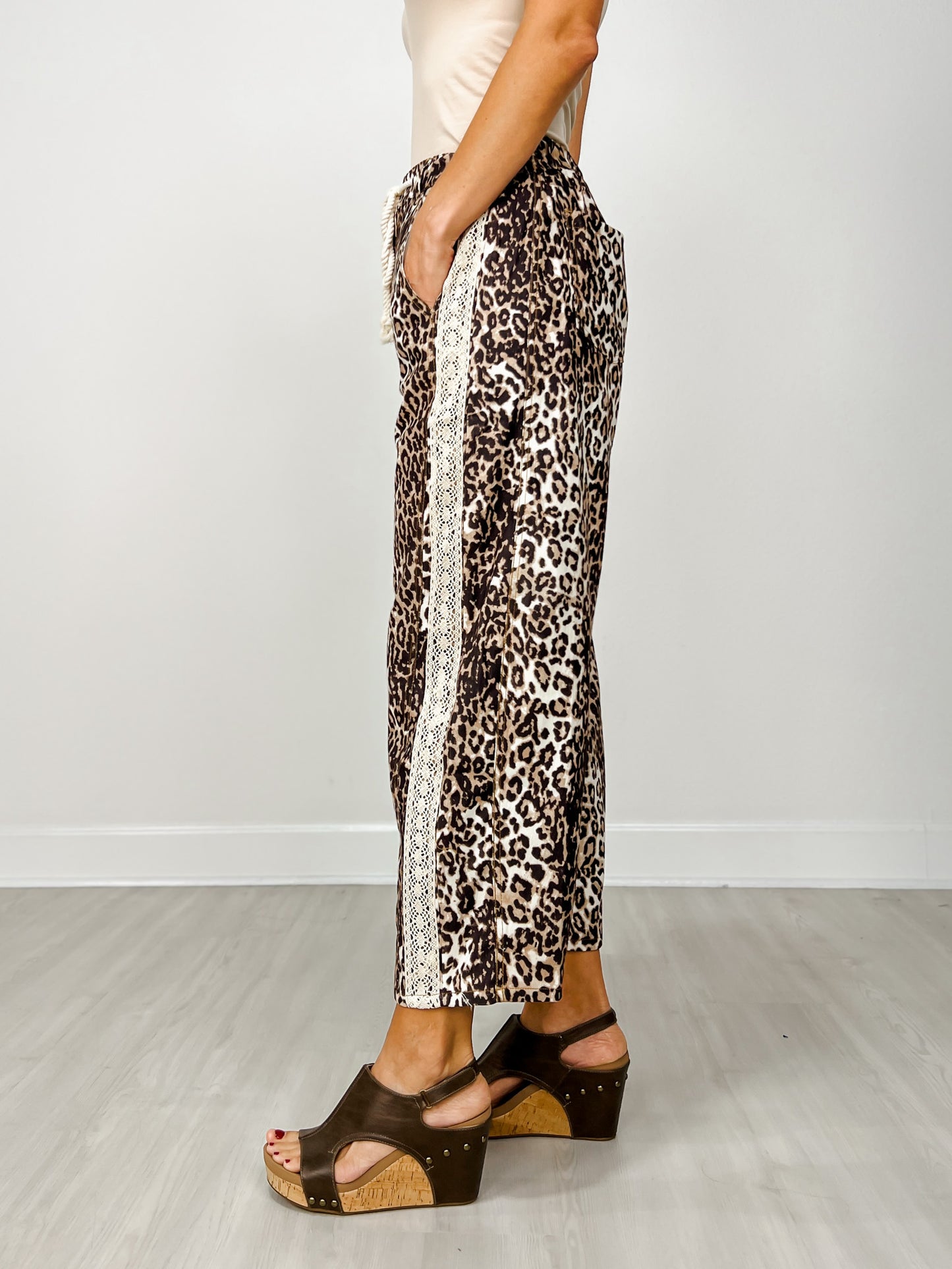 Leopard Print Cropped Pants with Drawstring Waist