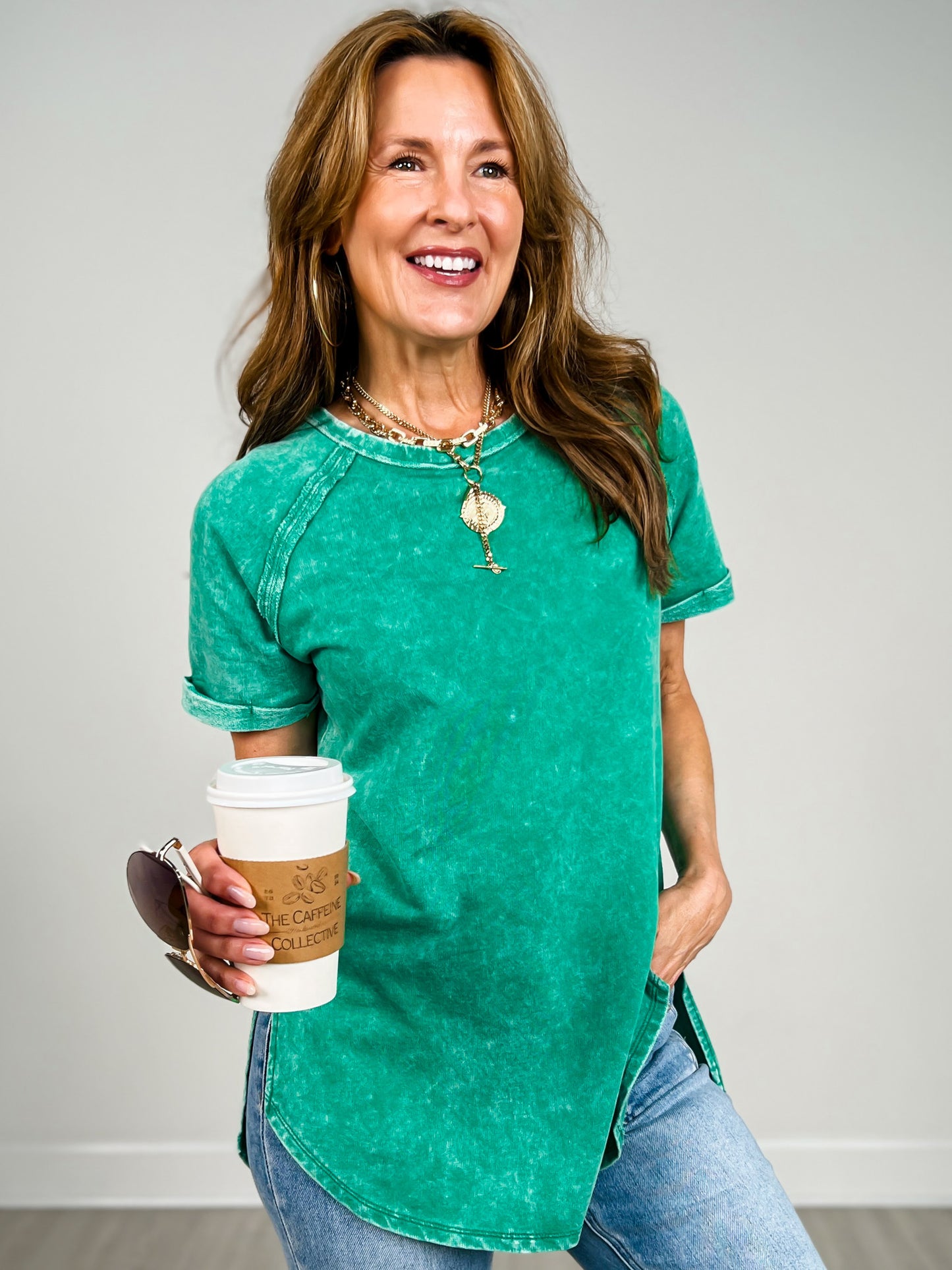 French Terry Acid Wash Short Cuff Sleeve Pullover Top