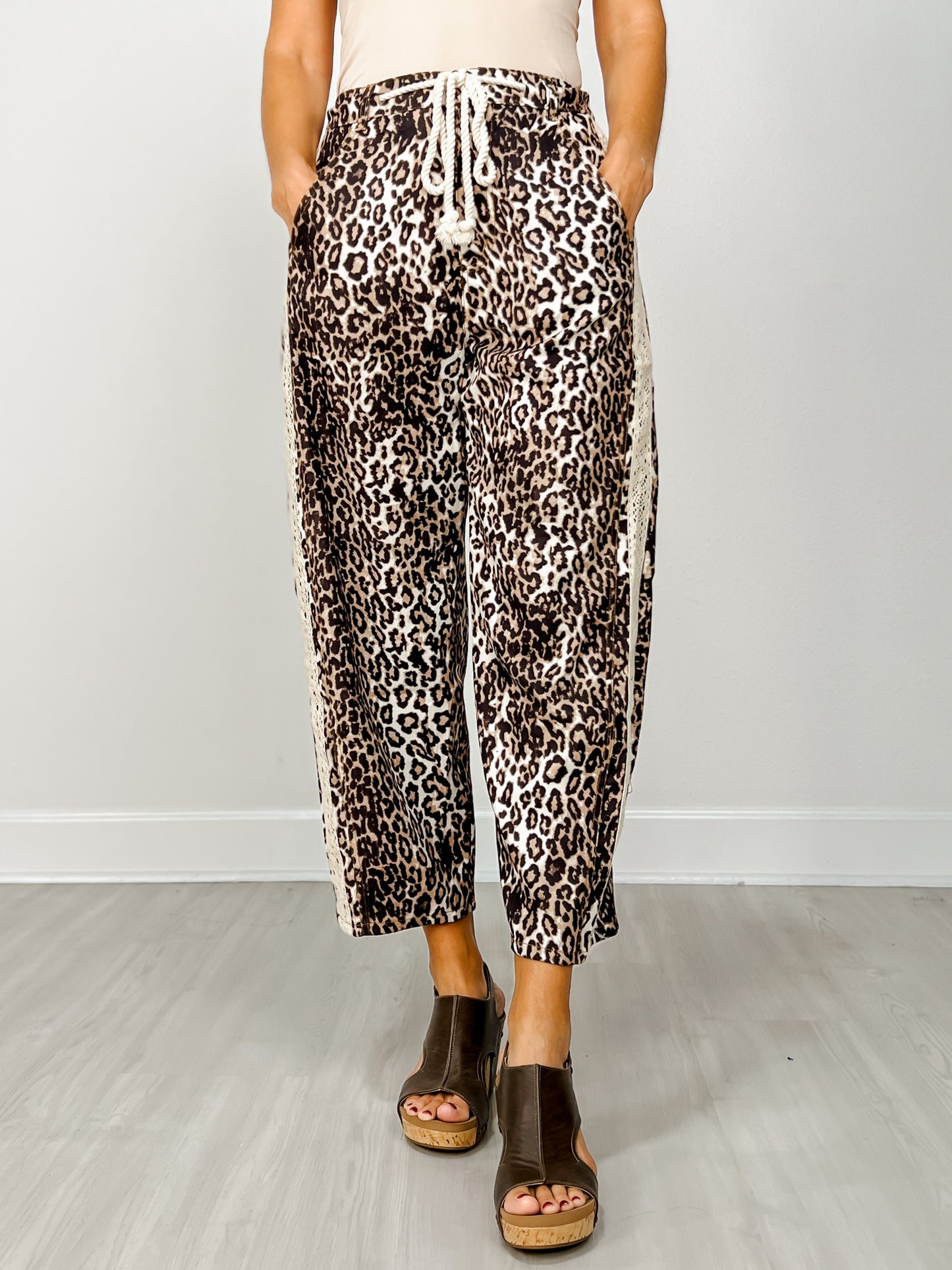 Leopard Print Cropped Pants with Drawstring Waist
