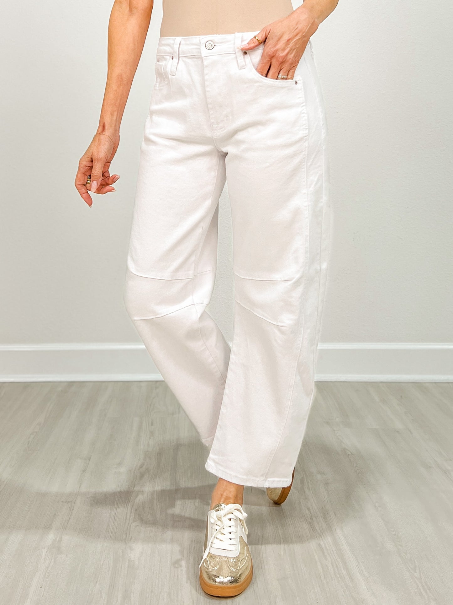 White High Rise Barrel Denim Pants