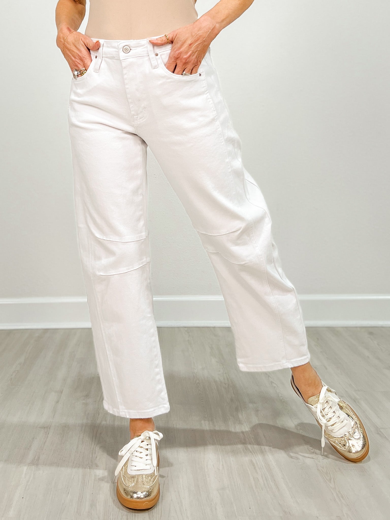White High Rise Barrel Denim Pants