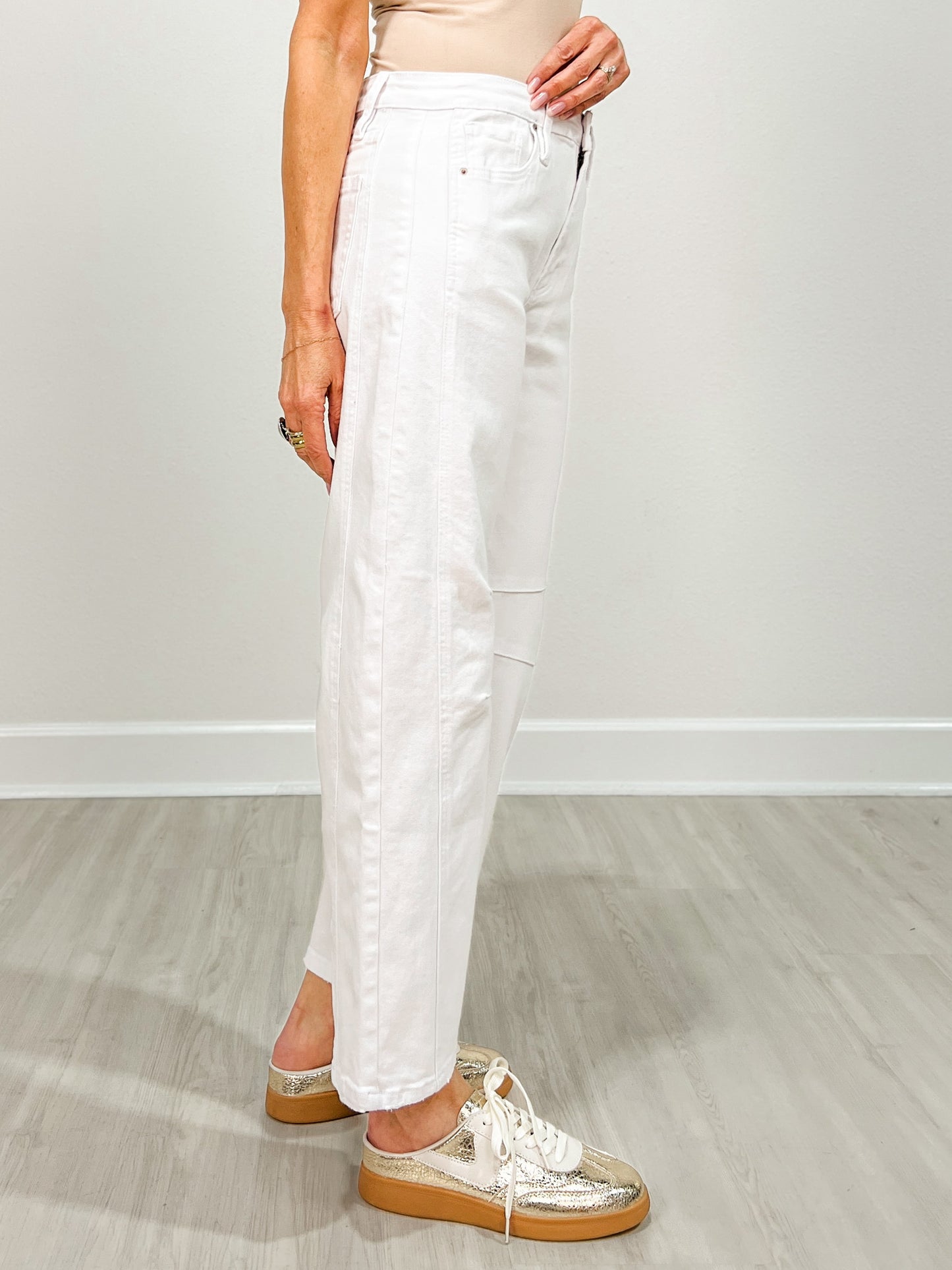 White High Rise Barrel Denim Pants