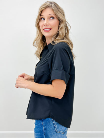 Short Sleeve Top With A Front Gold Decorative Button Placket And Collared Neck