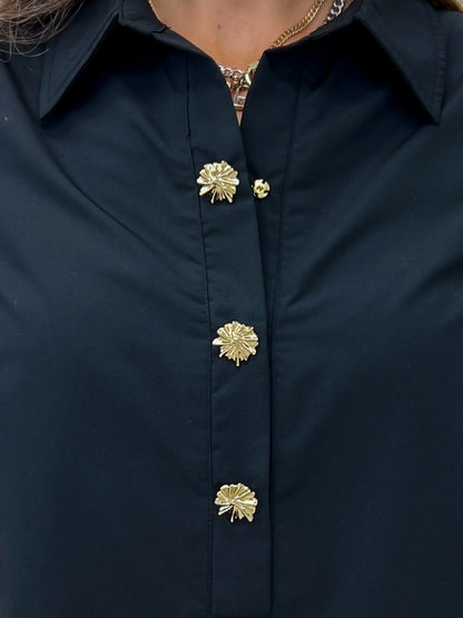 Short Sleeve Top With A Front Gold Decorative Button Placket And Collared Neck