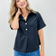 Short Sleeve Top With A Front Gold Decorative Button Placket And Collared Neck