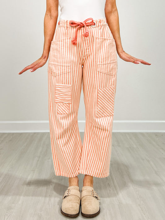 Striped Twill Barrel Pants with Drawstring Waist in Coral Peach