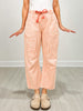 Striped Twill Barrel Pants with Drawstring Waist in Coral Peach
