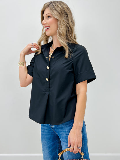Short Sleeve Top With A Front Gold Decorative Button Placket And Collared Neck