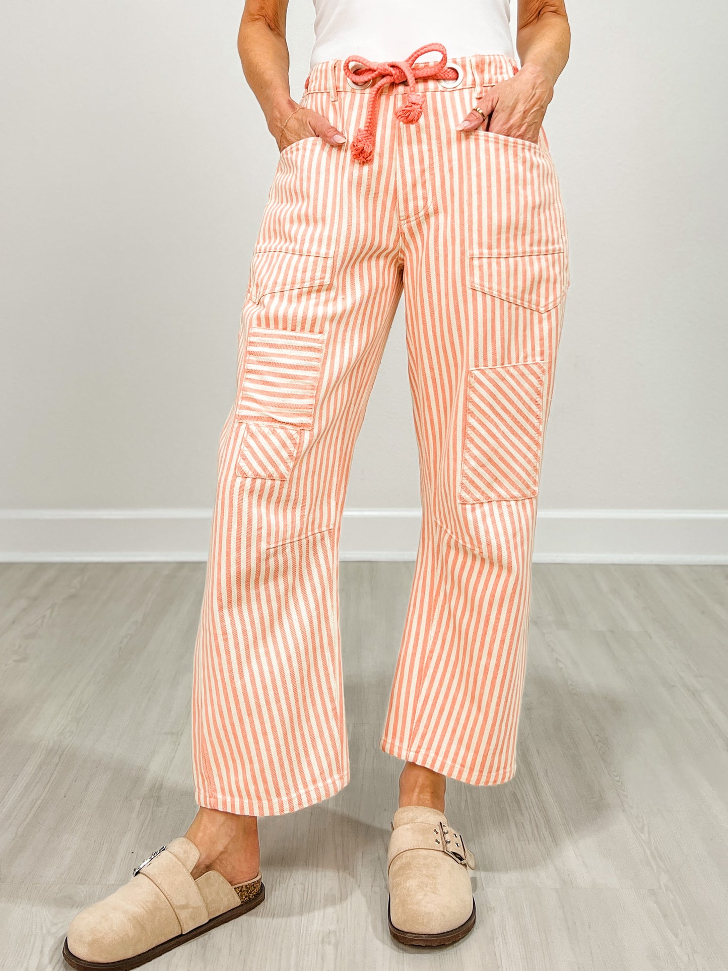 Striped Twill Barrel Pants with Drawstring Waist in Coral Peach