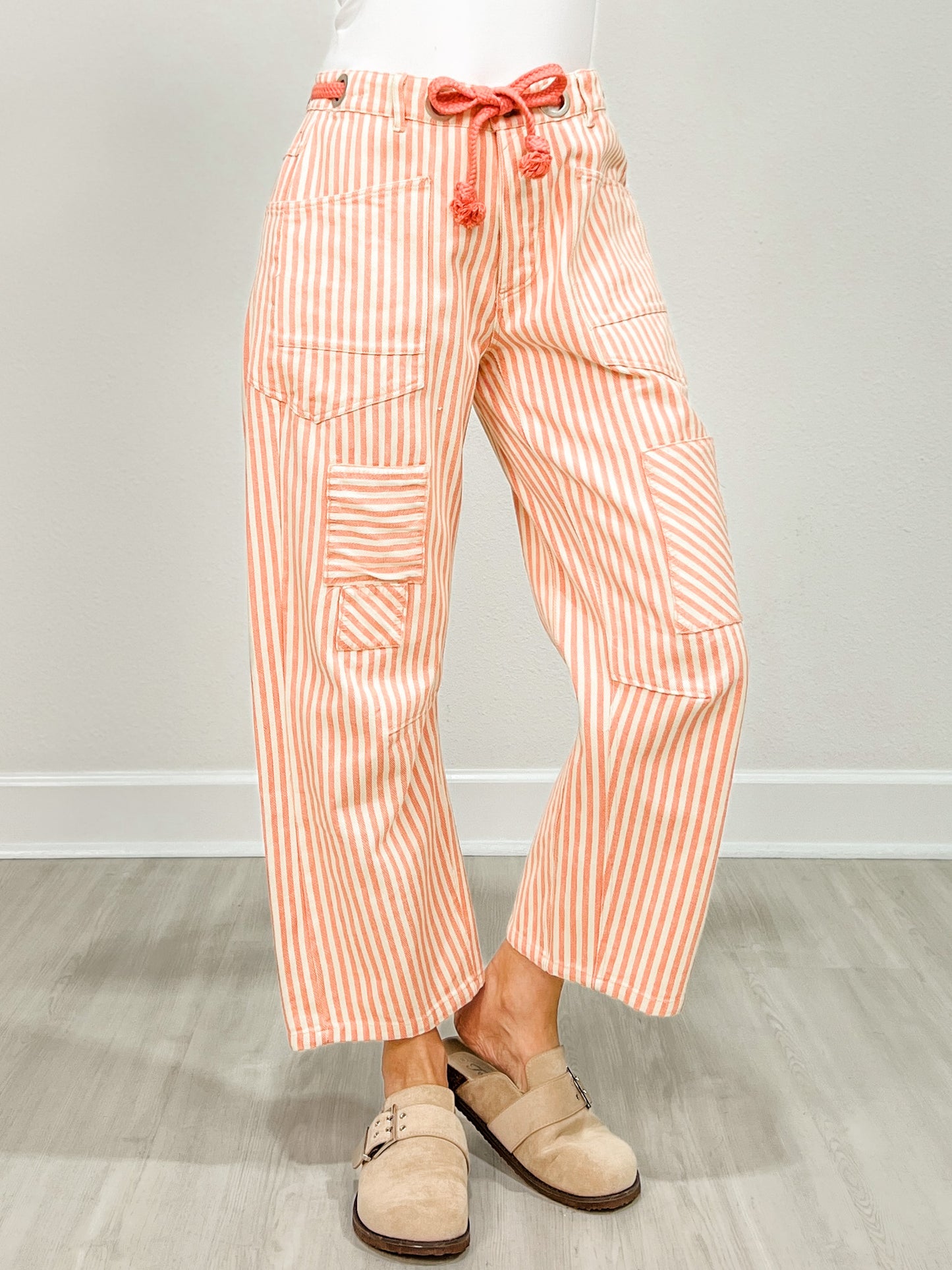 Striped Twill Barrel Pants with Drawstring Waist in Coral Peach