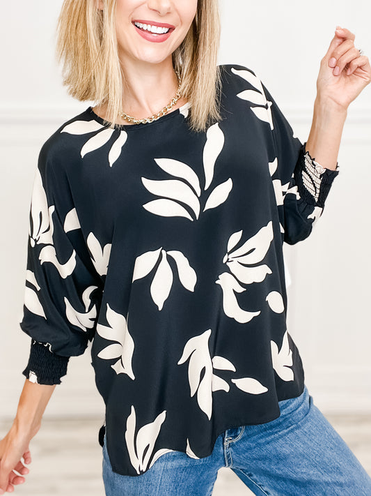 Flower Print Top with Smocking Sleeves