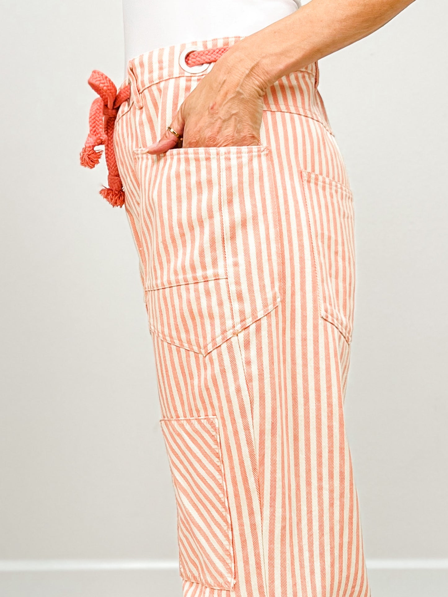 Striped Twill Barrel Pants with Drawstring Waist in Coral Peach