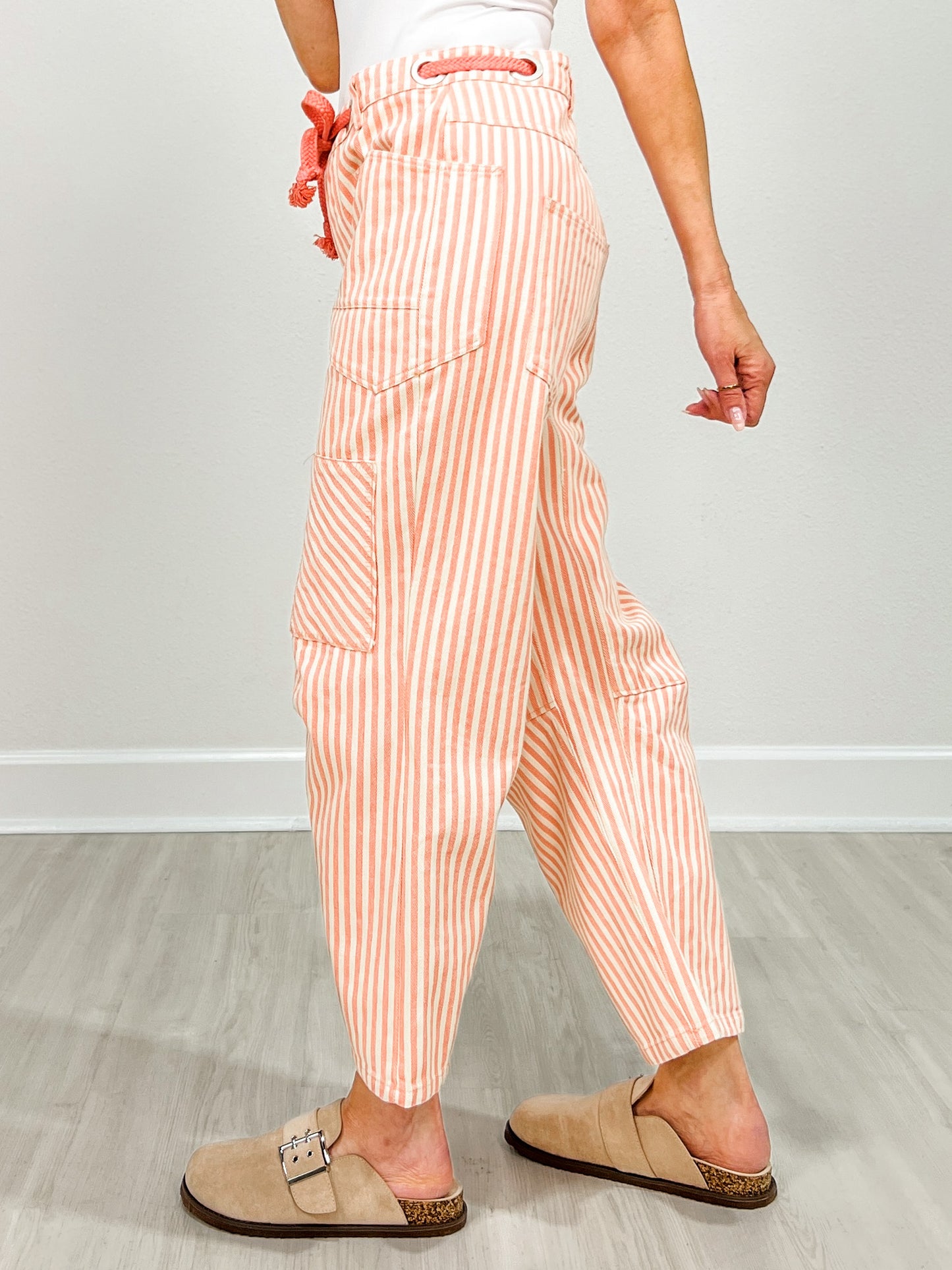 Striped Twill Barrel Pants with Drawstring Waist in Coral Peach