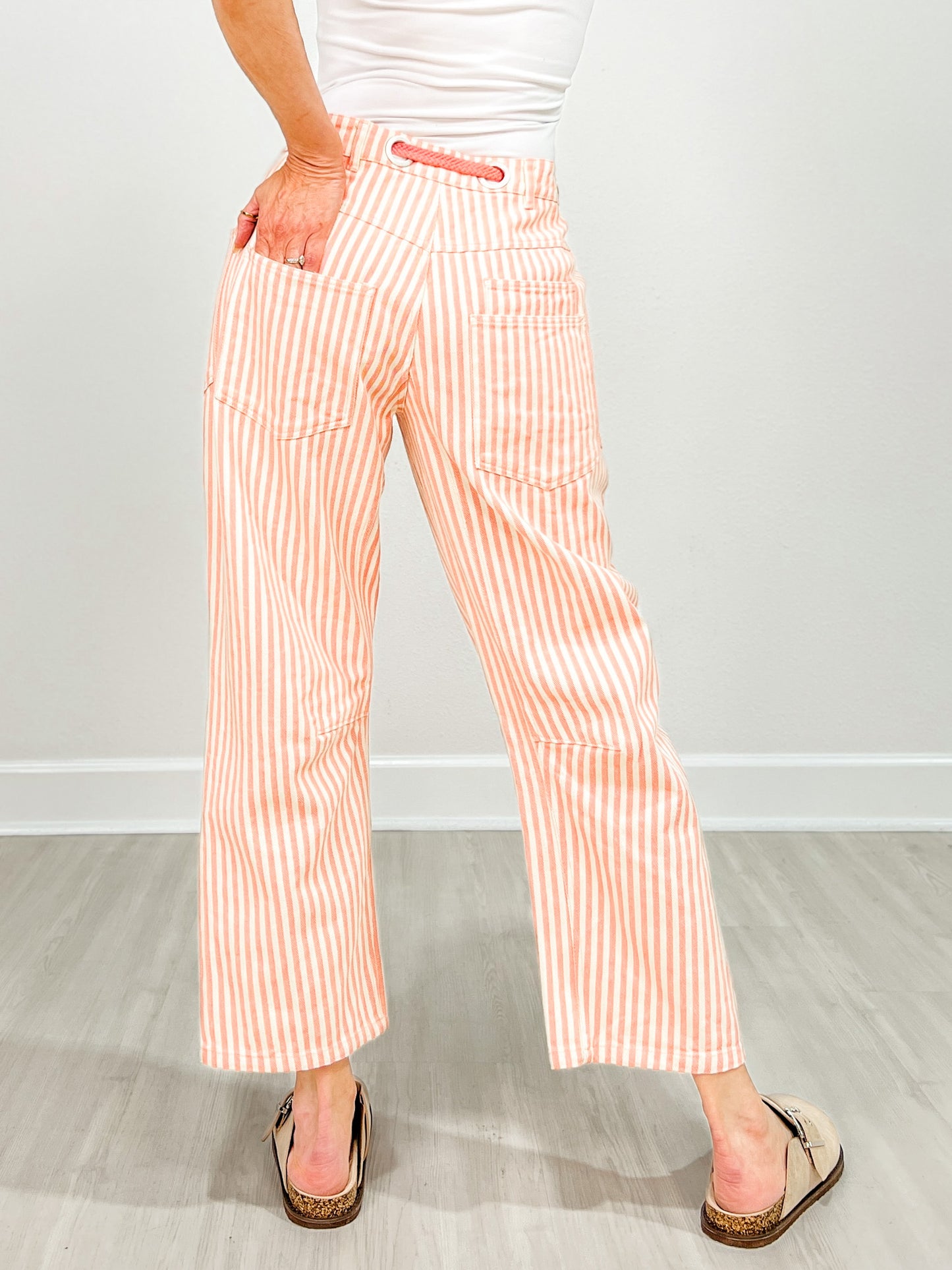 Striped Twill Barrel Pants with Drawstring Waist in Coral Peach