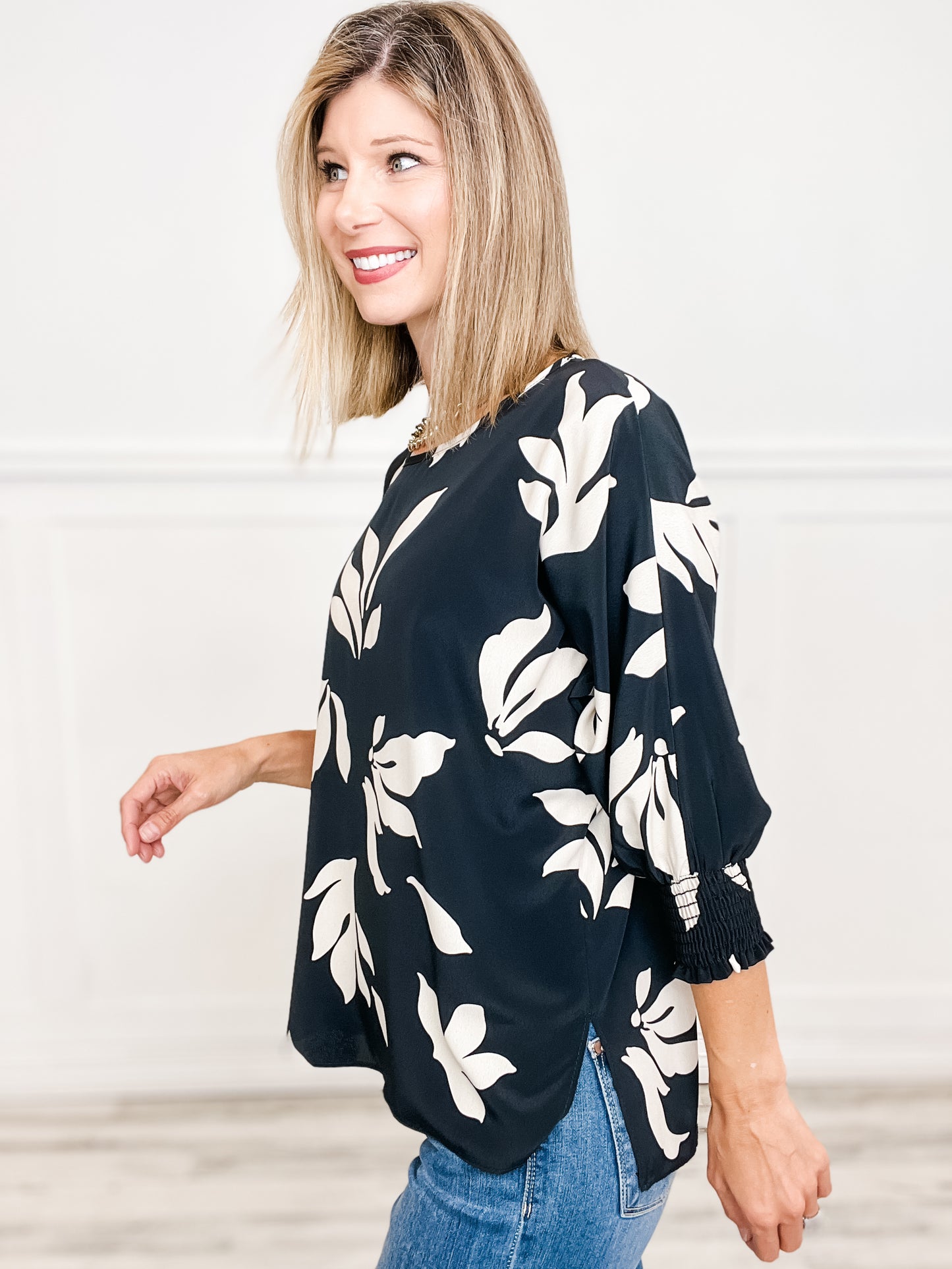 Flower Print Top with Smocking Sleeves