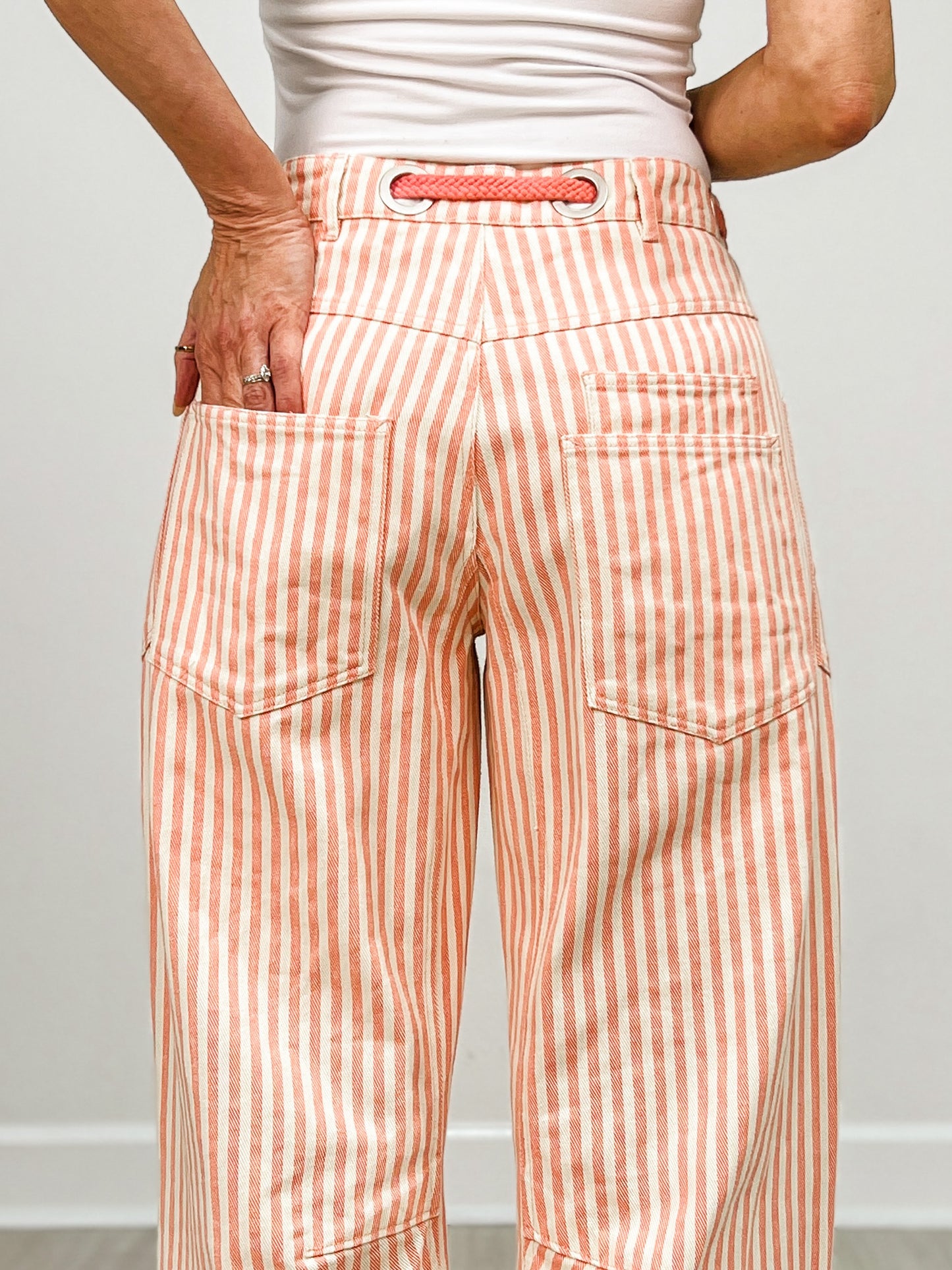 Striped Twill Barrel Pants with Drawstring Waist in Coral Peach