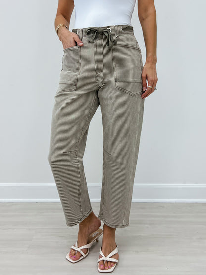 Stiped Stone Washed Barrel Pants With Belt