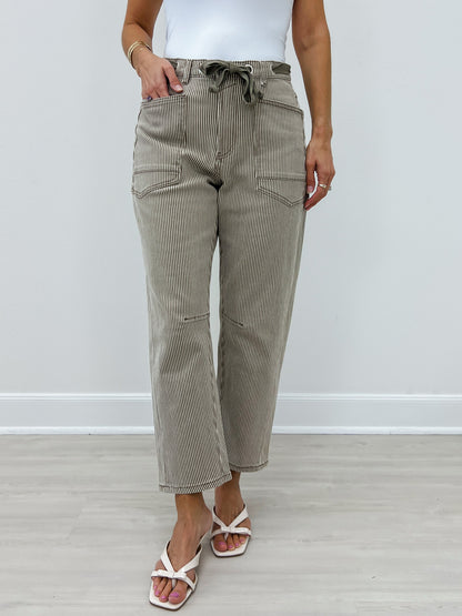 Stiped Stone Washed Barrel Pants With Belt