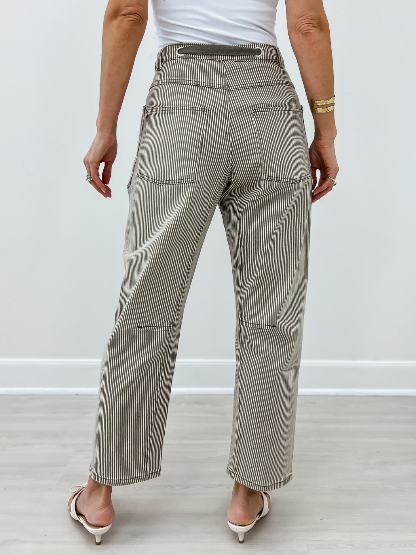 Stiped Stone Washed Barrel Pants With Belt