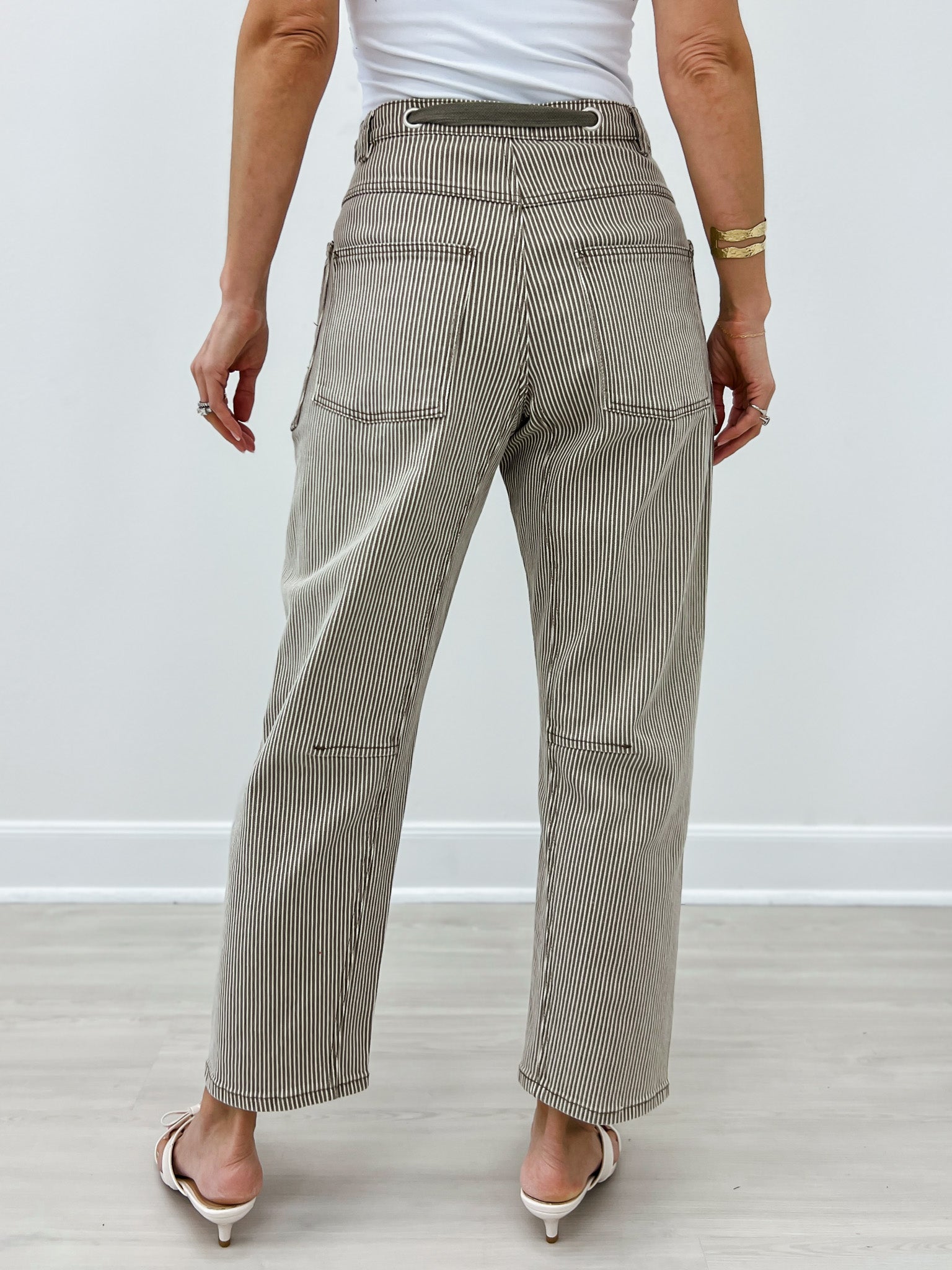 Stiped Stone Washed Barrel Pants With Belt