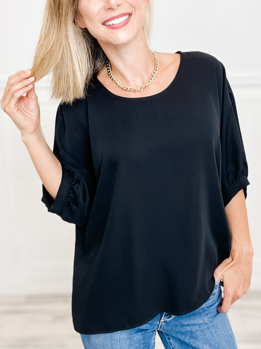 ROUND NECK TOP W/ CUFFED SLEEVES