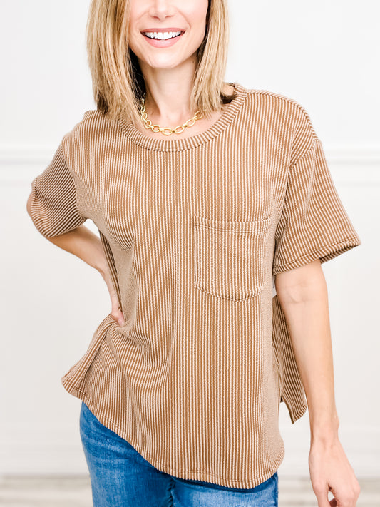 Short Sleeve Ribbed Top with Accent Pocket