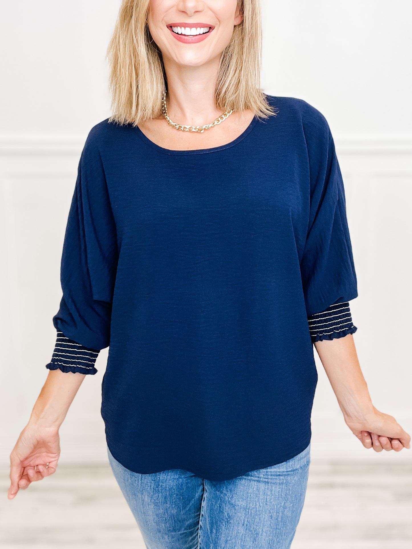 ROUND NECK TOP W/ ELASTIC SHIRRING SLEEVES