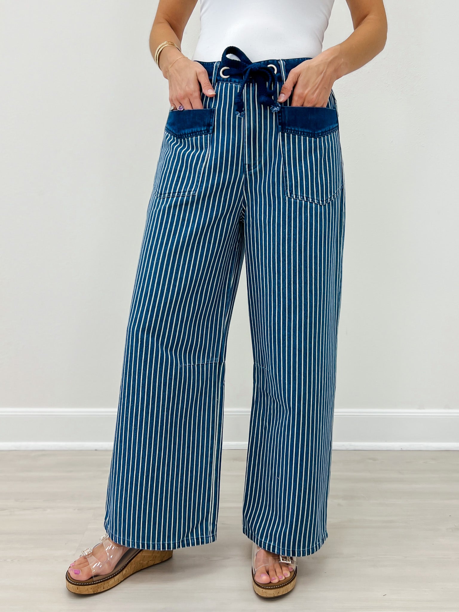 Drawstring Wide Leg Stripe Denim Pants With Pockets