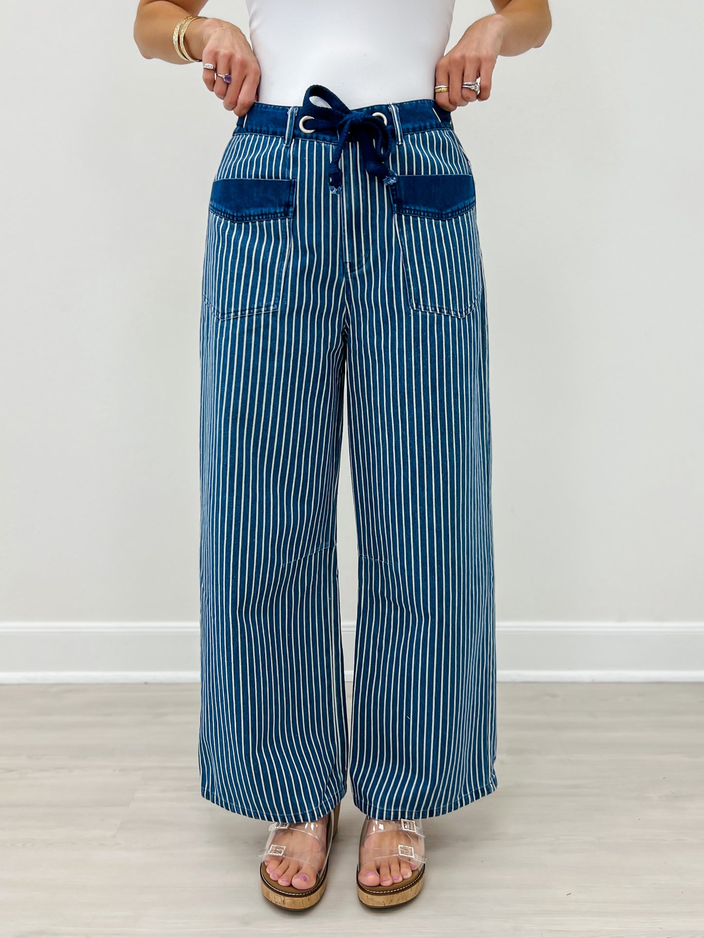 Drawstring Wide Leg Stripe Denim Pants With Pockets