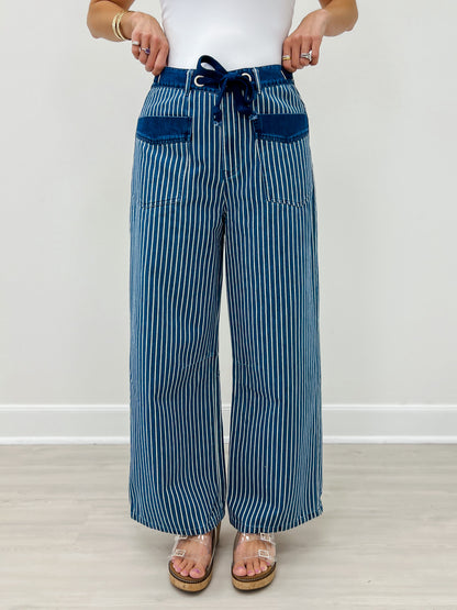 Drawstring Wide Leg Stripe Denim Pants With Pockets