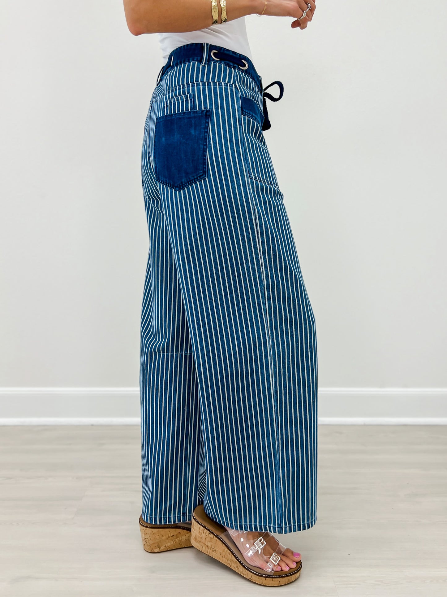Drawstring Wide Leg Stripe Denim Pants With Pockets
