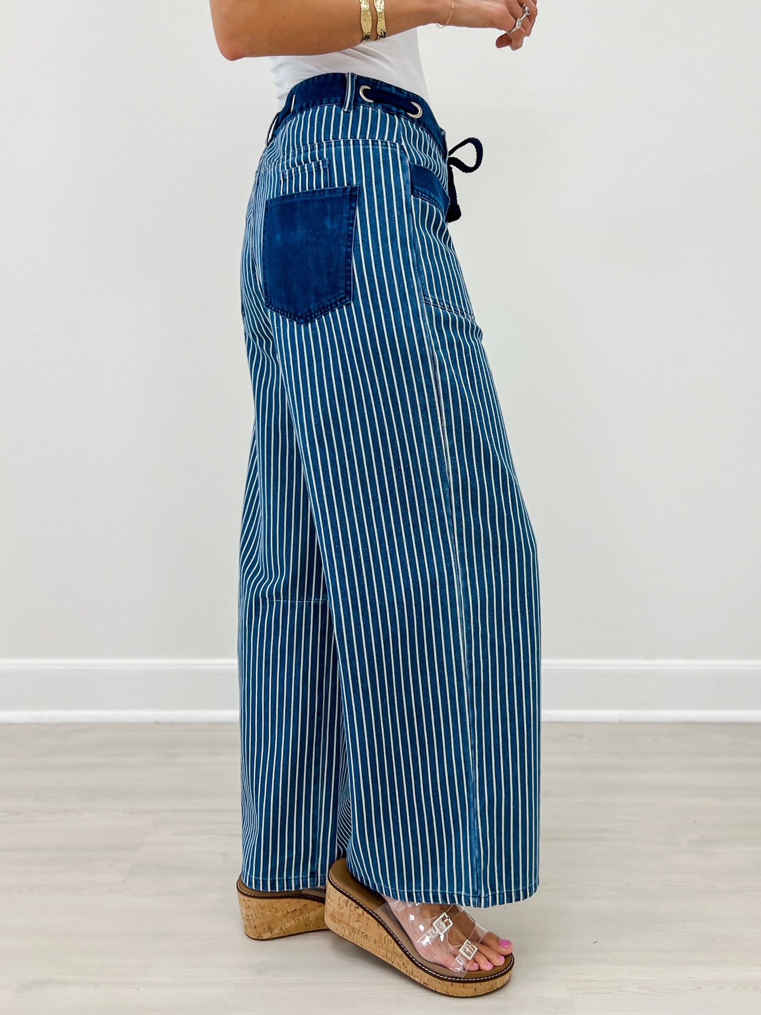 Drawstring Wide Leg Stripe Denim Pants With Pockets