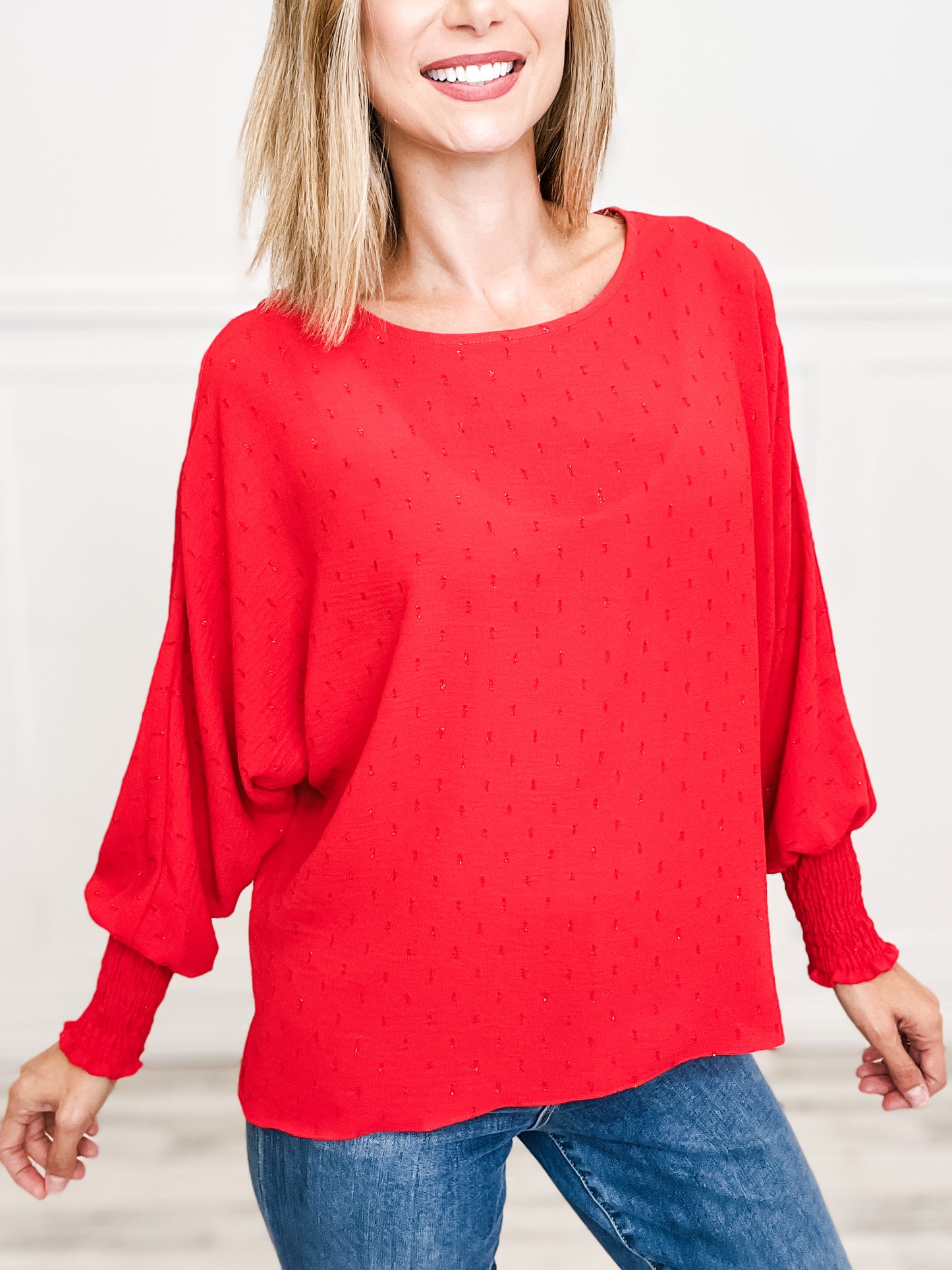 LUREX TOP W/ SHIRING SLEEVES