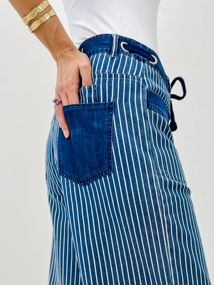 Drawstring Wide Leg Stripe Denim Pants With Pockets