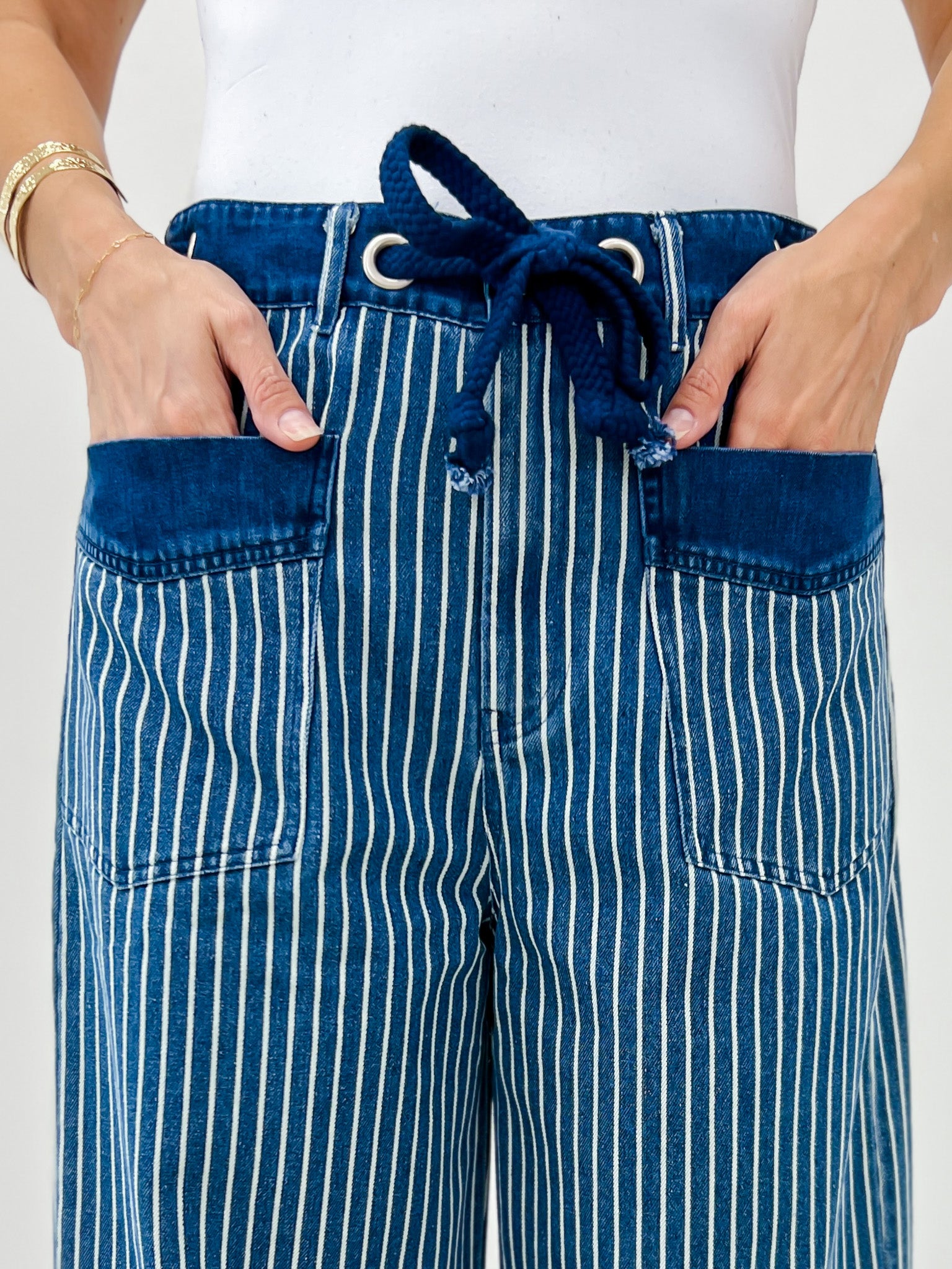 Drawstring Wide Leg Stripe Denim Pants With Pockets