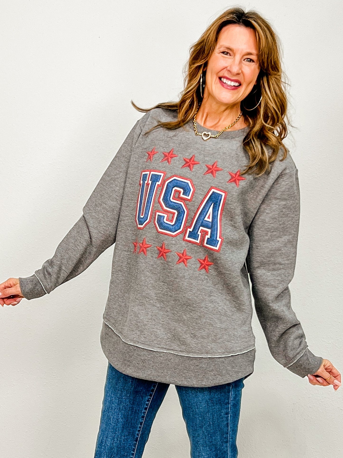 Embroidered USA Print Graphic Sweatshirt