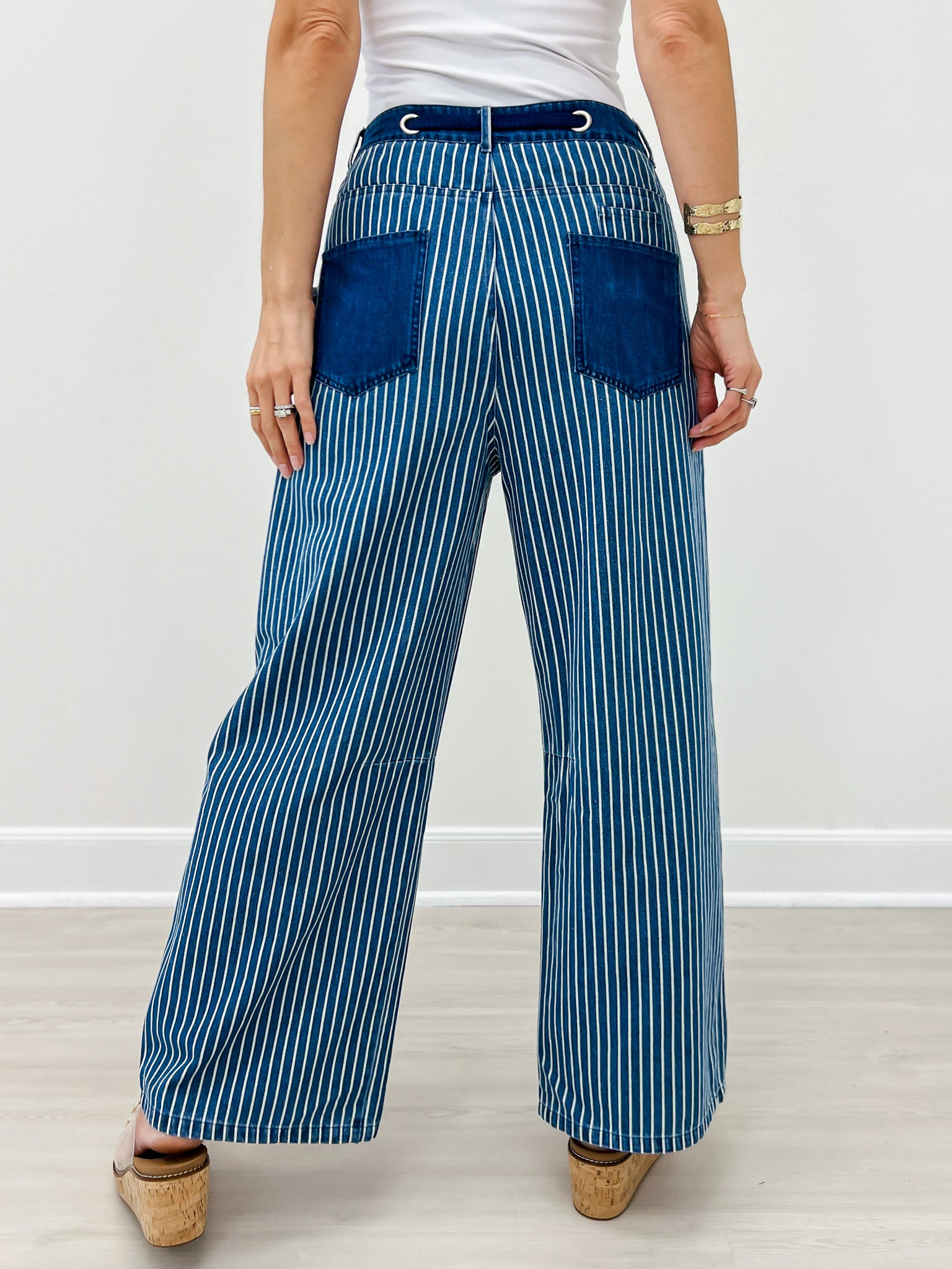 Drawstring Wide Leg Stripe Denim Pants With Pockets