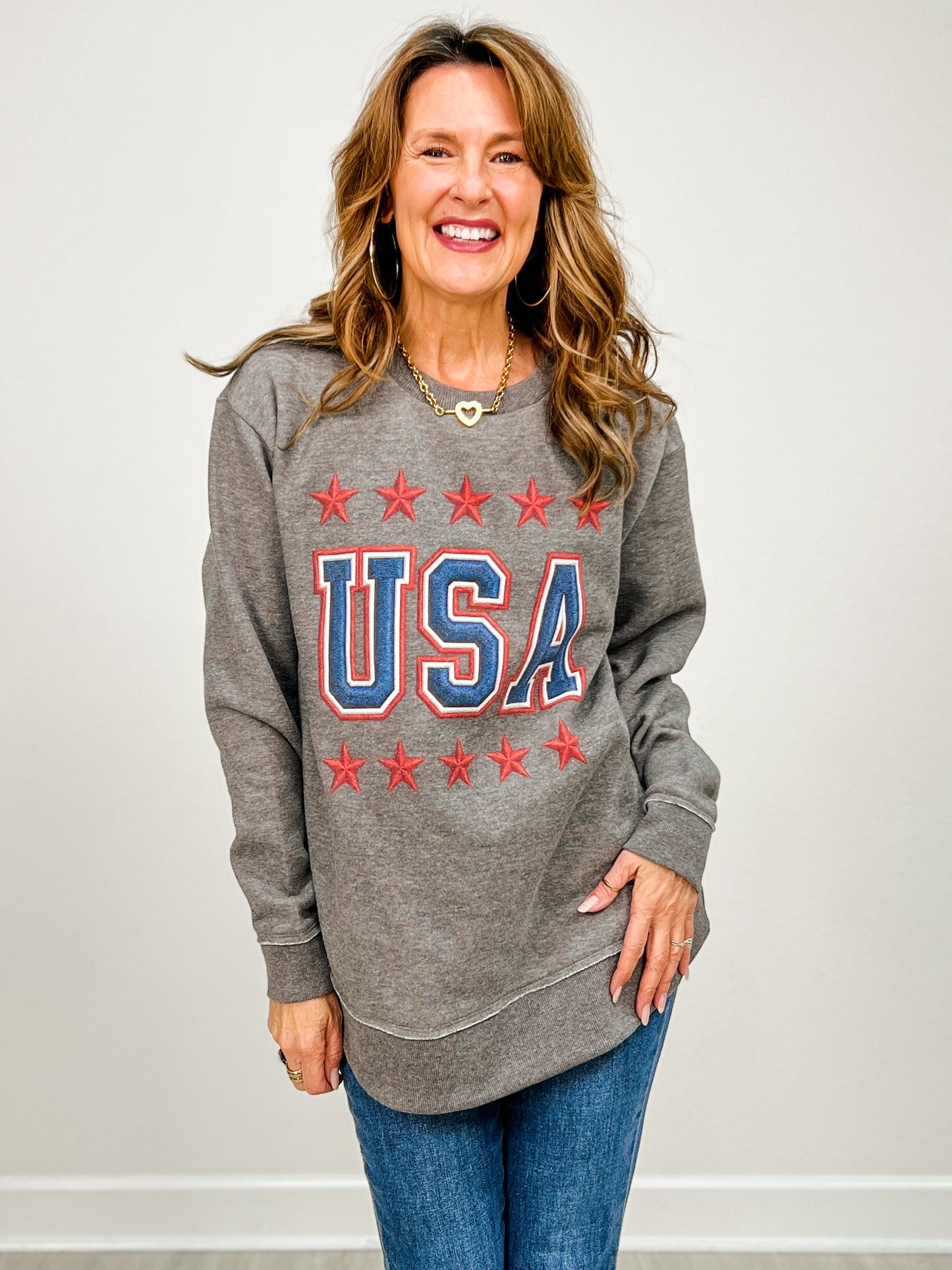 Embroidered USA Print Graphic Sweatshirt