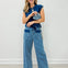 Drawstring Wide Leg Stripe Denim Pants With Pockets