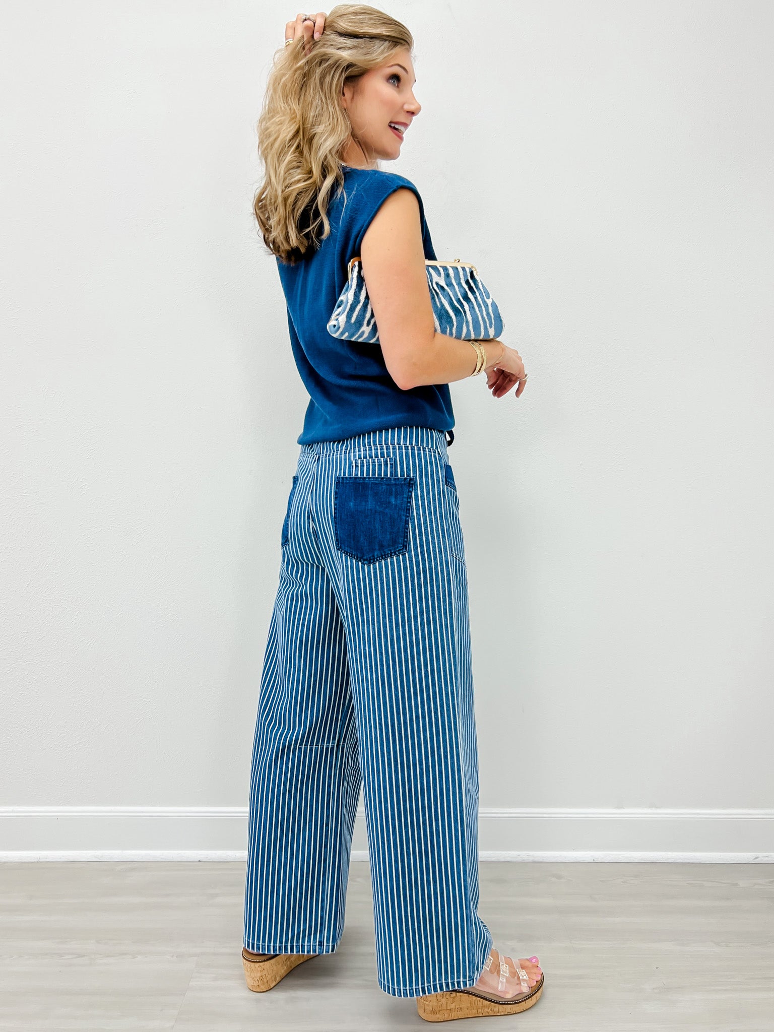 Drawstring Wide Leg Stripe Denim Pants With Pockets