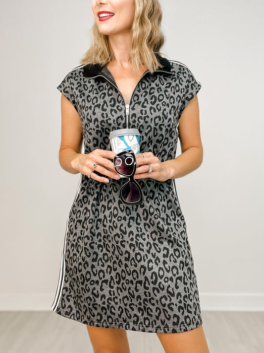 Half Zip Leopard Print Mini Dress