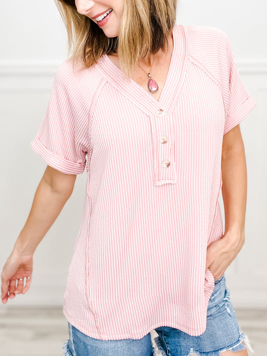 Ribbed V-Neck Henley Top with Cuffed Short Sleeves