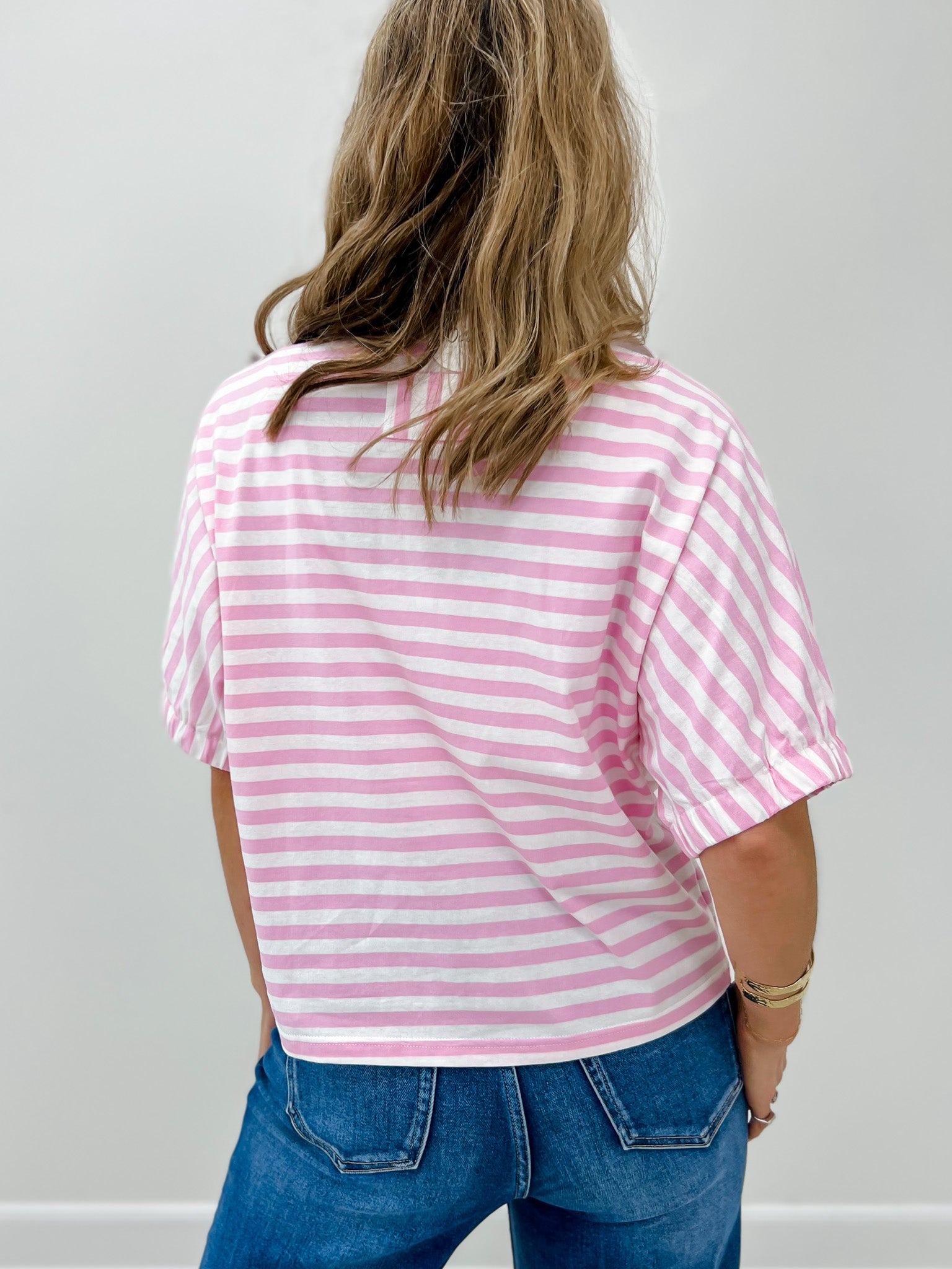 Striped Pullover Top With A Popover Collar And Relaxed Short Sleeves