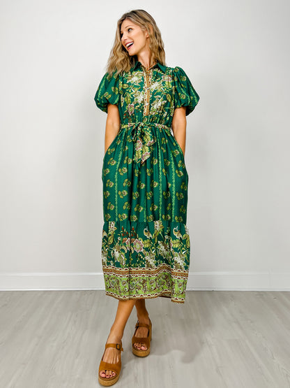 Botanical Print Short Puff Sleeve Midi Dress